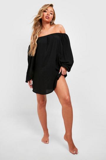 Cheesecloth Bardot Beach Mini Dress black