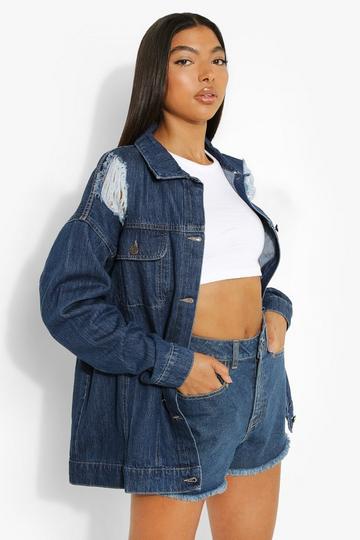 Blue Tall Oversized Busted Boyfriend Denim Jacket
