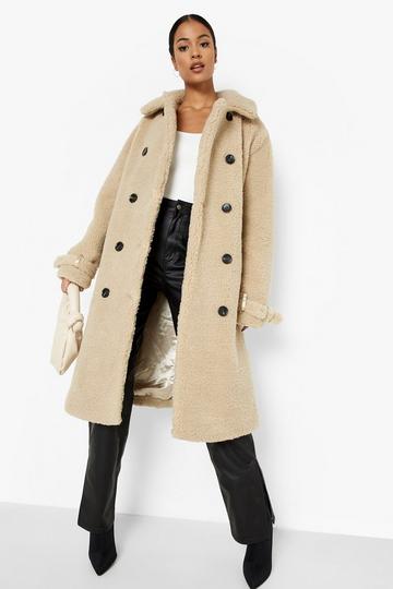 Tall Faux Fur Cuff Detail Longline Coat stone