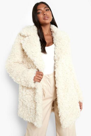 Cream White Tall Teddy Faux Fur Collared Coat