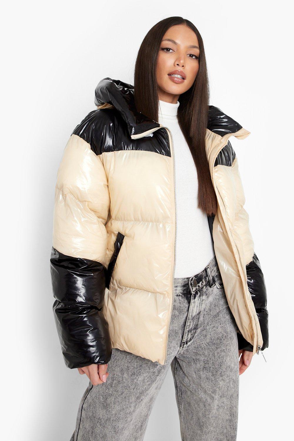 maxi cire panelled padded jacket with faux fur trim