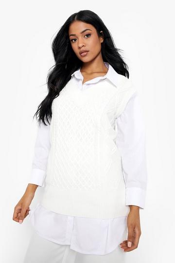 Tall Recycled V Neck Cable Knit Sweater Vest ivory