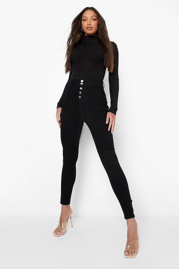 Black Tall Button Front Skinny Disco Fit Jeans