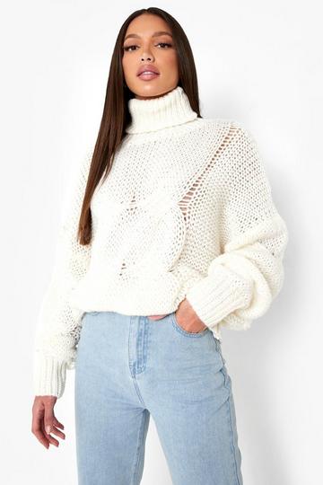 Cream White Tall Roll Neck Large Cable Knit Jumper