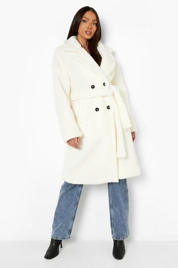 Cream White Tall Teddy Faux Fur Belted Coat