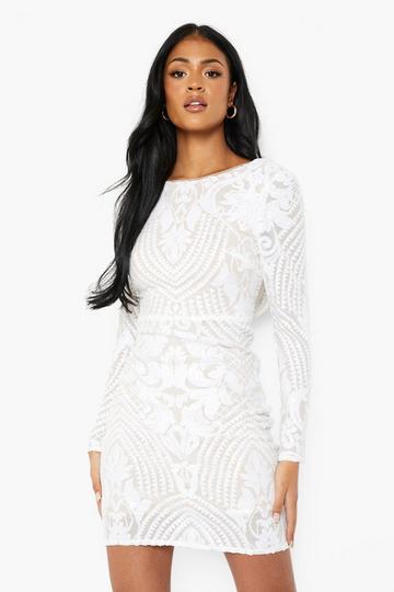 Tall Damask Sequin Cowl Back Mini Dress white