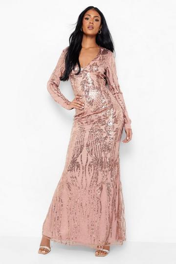 Tall Damask Sequin Plunge Maxi Dress rose gold