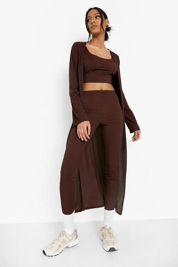 Brown Tall Rib Crop Top Trouser And Cardigan Co-Ord