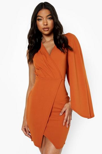 Tall One Cape Shoulder Wrap Bodycon Dress rust
