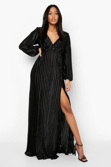 Black Tall Plisse Volume Sleeve Slit Maxi Dress