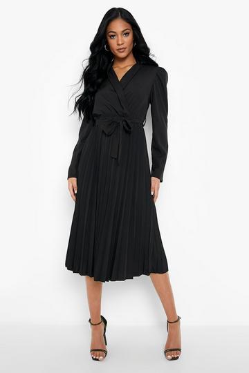 Black Tall Pleated Volume Sleeve Satin Midi Dress