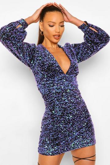 Blue Tall Sequin Balloon Sleeve Plunge Mini Dress