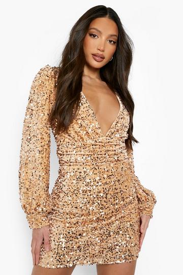 Gold Metallic Tall Sequin Balloon Sleeve Plunge Mini Dress