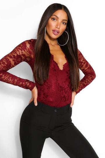 Tall Lace Long Sleeved Bodysuit wine