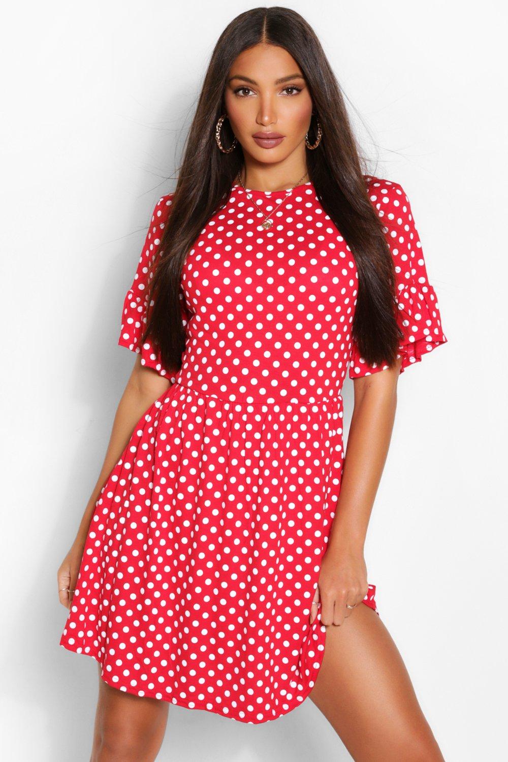 Boohoo red sale spotty dress