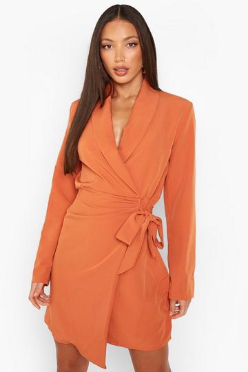 Tall Woven Ruched Side Tie Blazer Dress orange