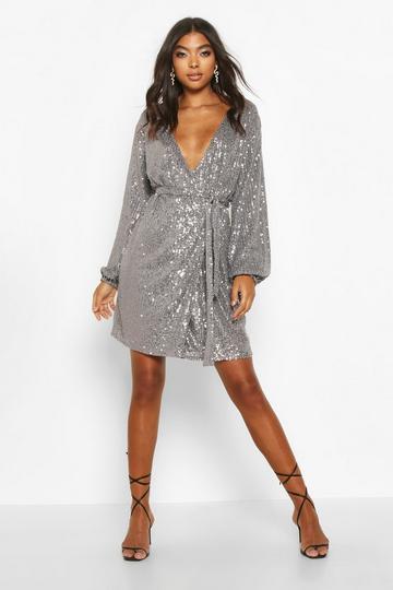 Tall Belted Sequin Dress pewter