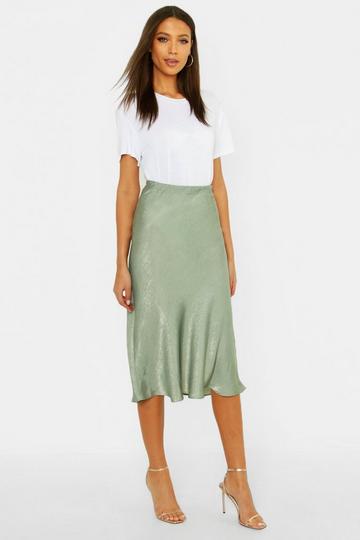 Green Tall Bias Cut Satin Midi Skirt