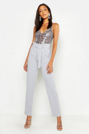 Silver Tall Paperbag Waist Belted Pants