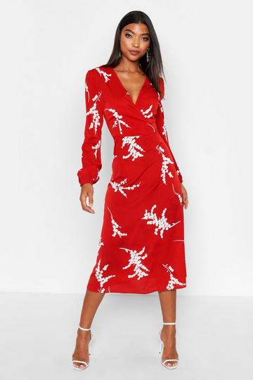 Tall Floral Print Wrap Midi Dress berry