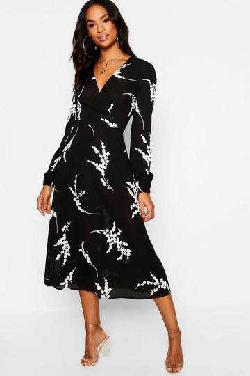 Black Tall Floral Print Wrap Midi Dress