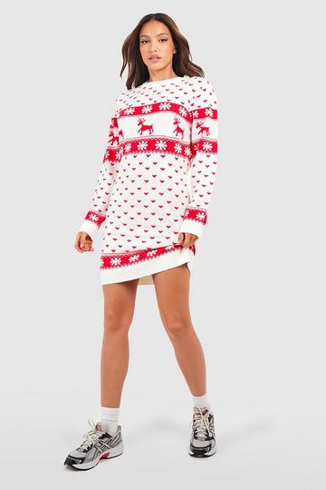 Cream White Tall Reindeers & Snowman Christmas Sweater Dress