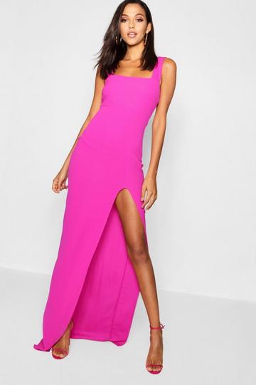 Fuchsia Pink Tall Square Neck Side Split Maxi Dress