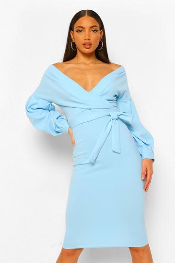 Tall Off The Shoulder Wrap Midi Bodycon Dress baby blue