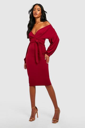 Tall Off The Shoulder Wrap Midi Bodycon Dress berry