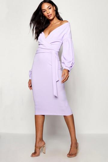 Lilac Purple Tall Off The Shoulder Wrap Midi Bodycon Dress