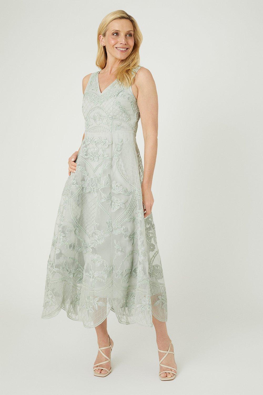 Lace plunge midi outlet dress