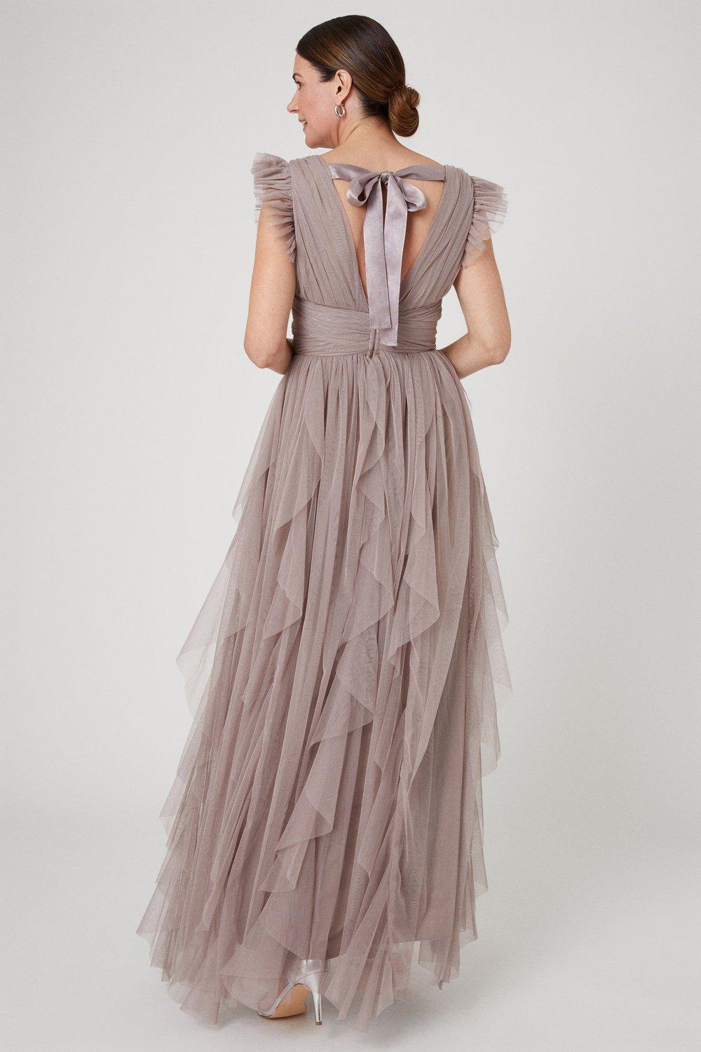 Bcbg draped ruffle shop and lace gown